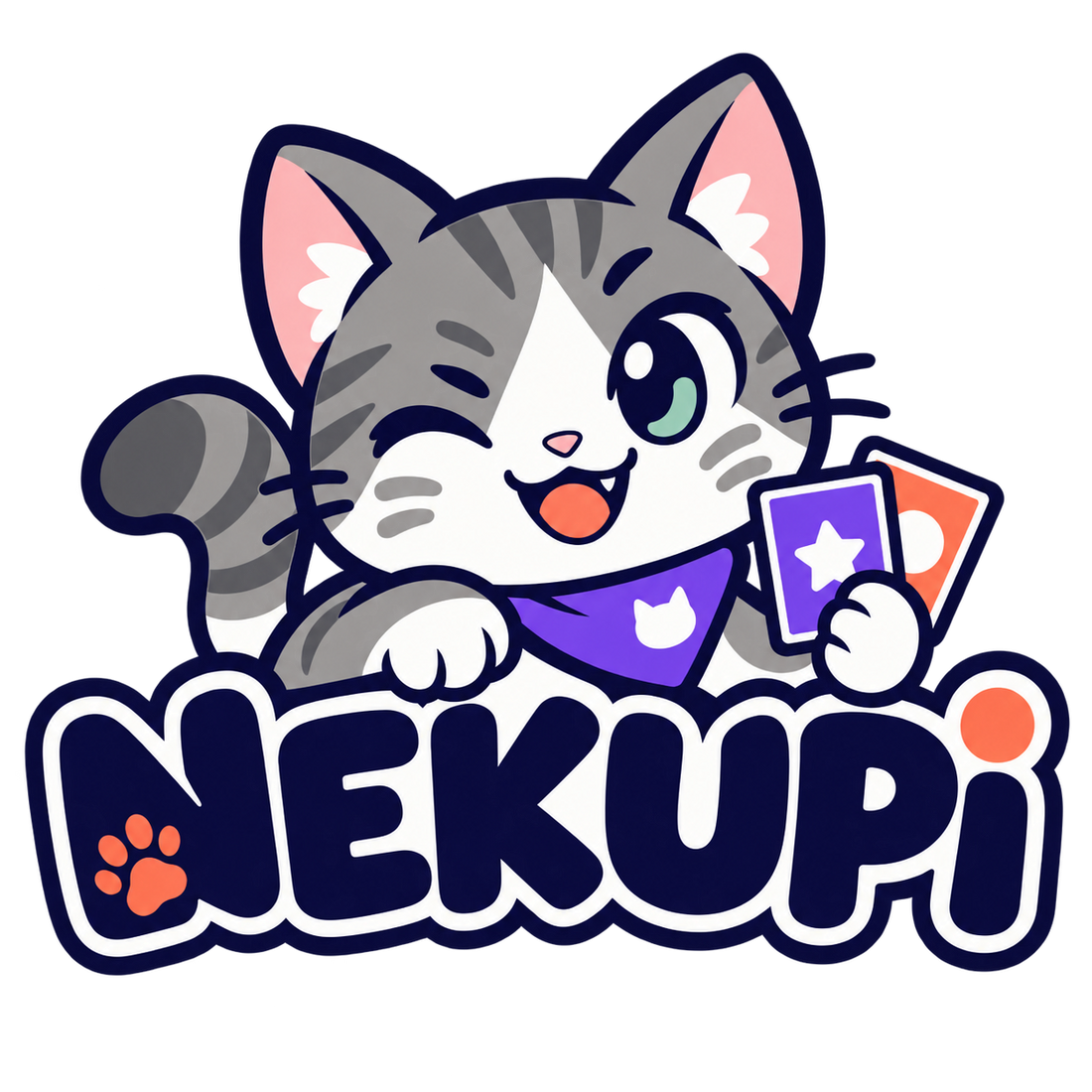 Nekupi: gato atigrado gris con cartas y pañuelo violeta